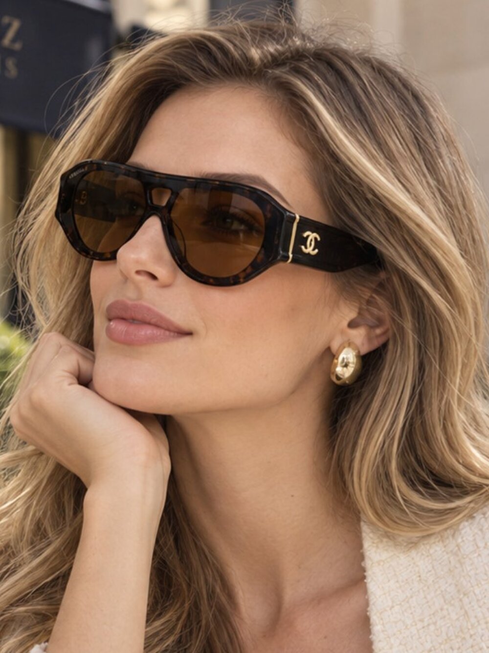 NWT CHANEL Tortoise Shell Shield Aviator Sunglasses Gold CC Logo